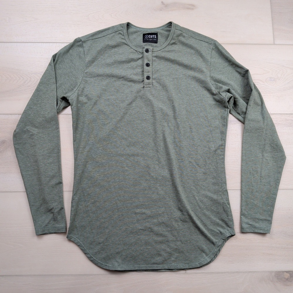 Cuts Elongated Henley Shirt Mens M Green Heather Scallop Hem L/S Made in USA